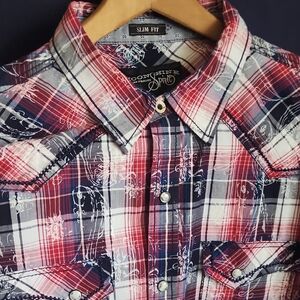 Men's Plaid Pearl Snap Button-Down Shirt - Red, White, Blue